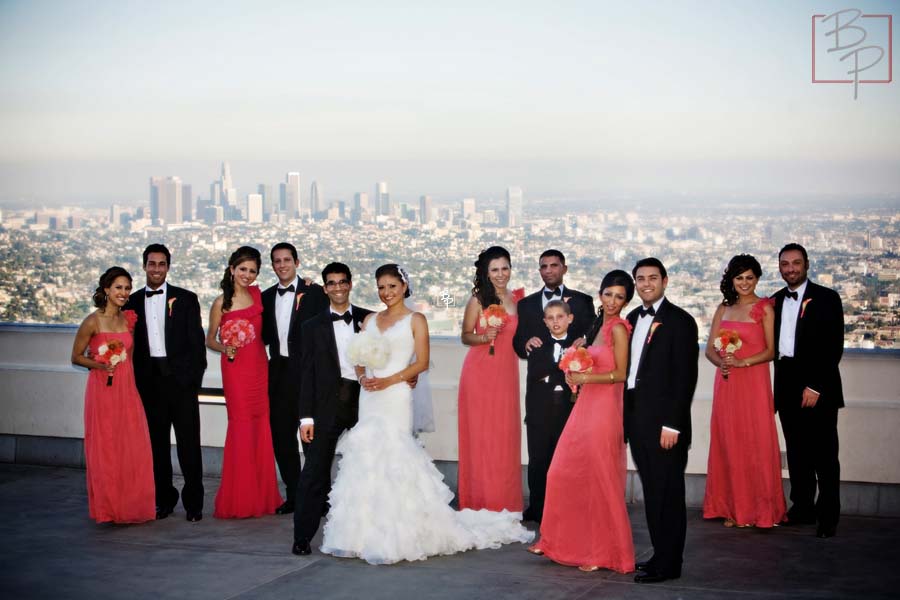 The wedding party in front of the city
