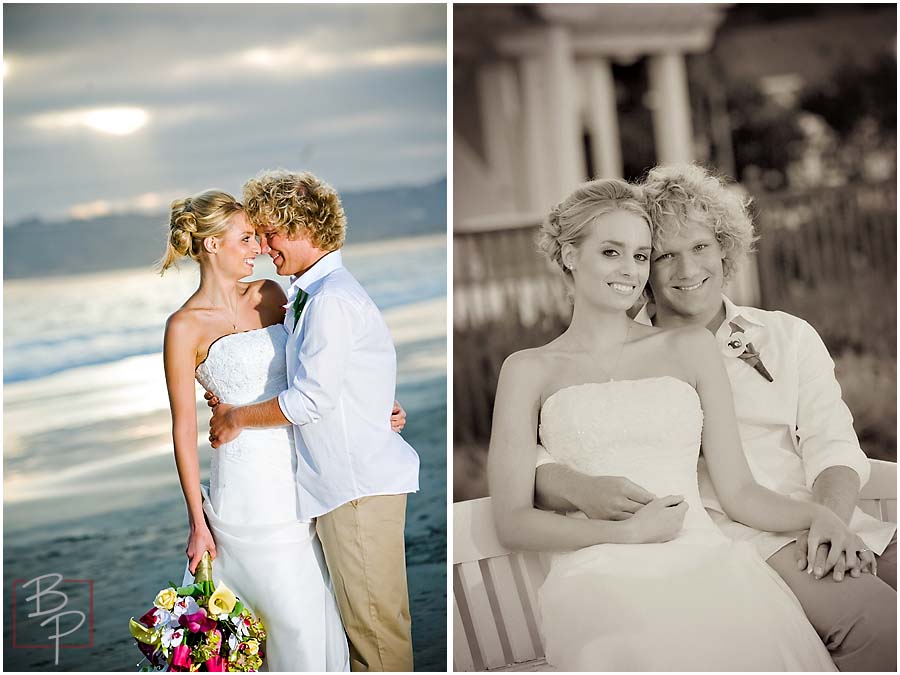 Portraits of the bride and groom on the beach and a bench