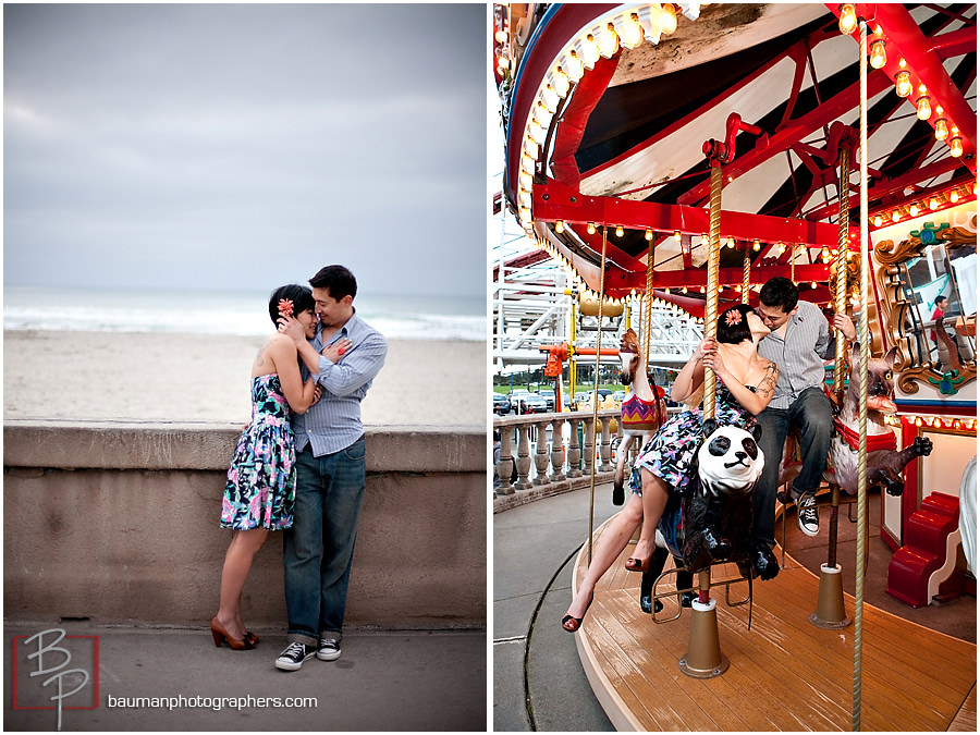 Engaged couple in carousel at Belmont Park