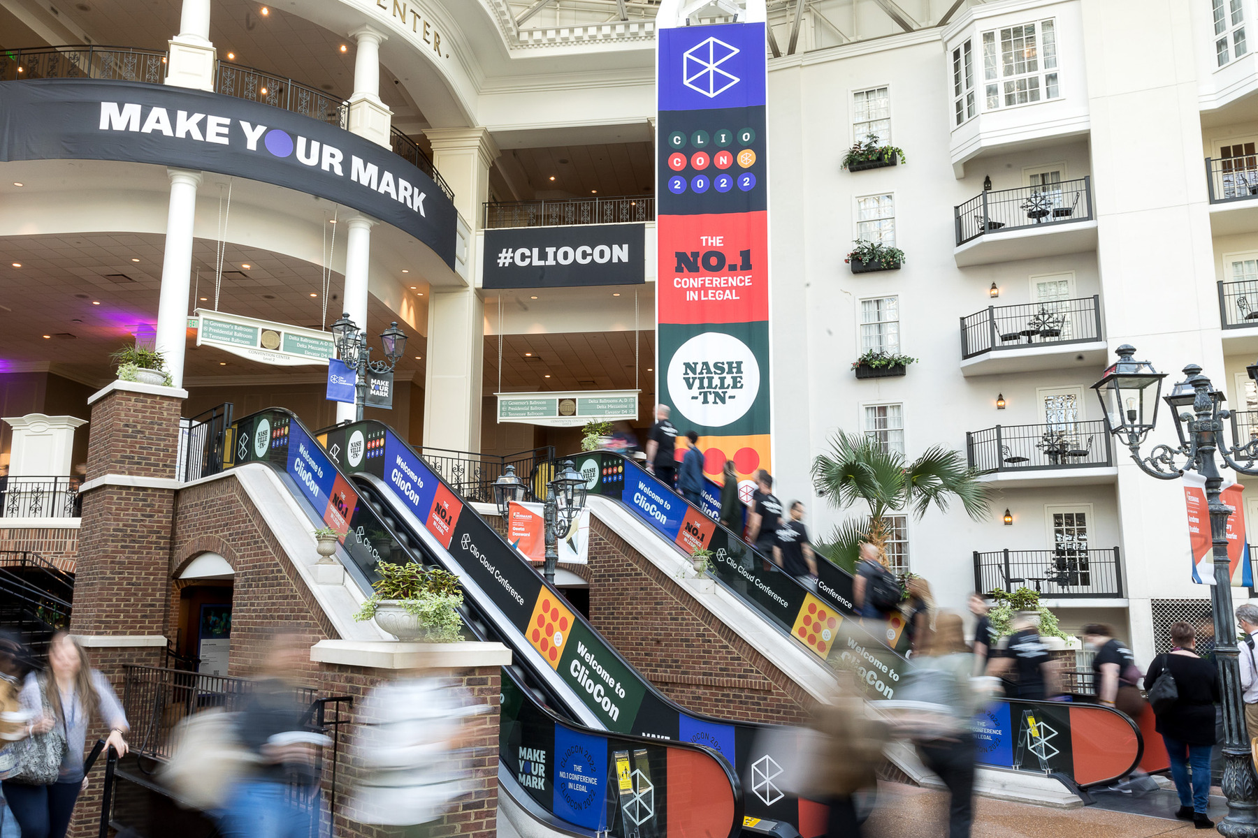ClioCon conference venue with escalators and event signage