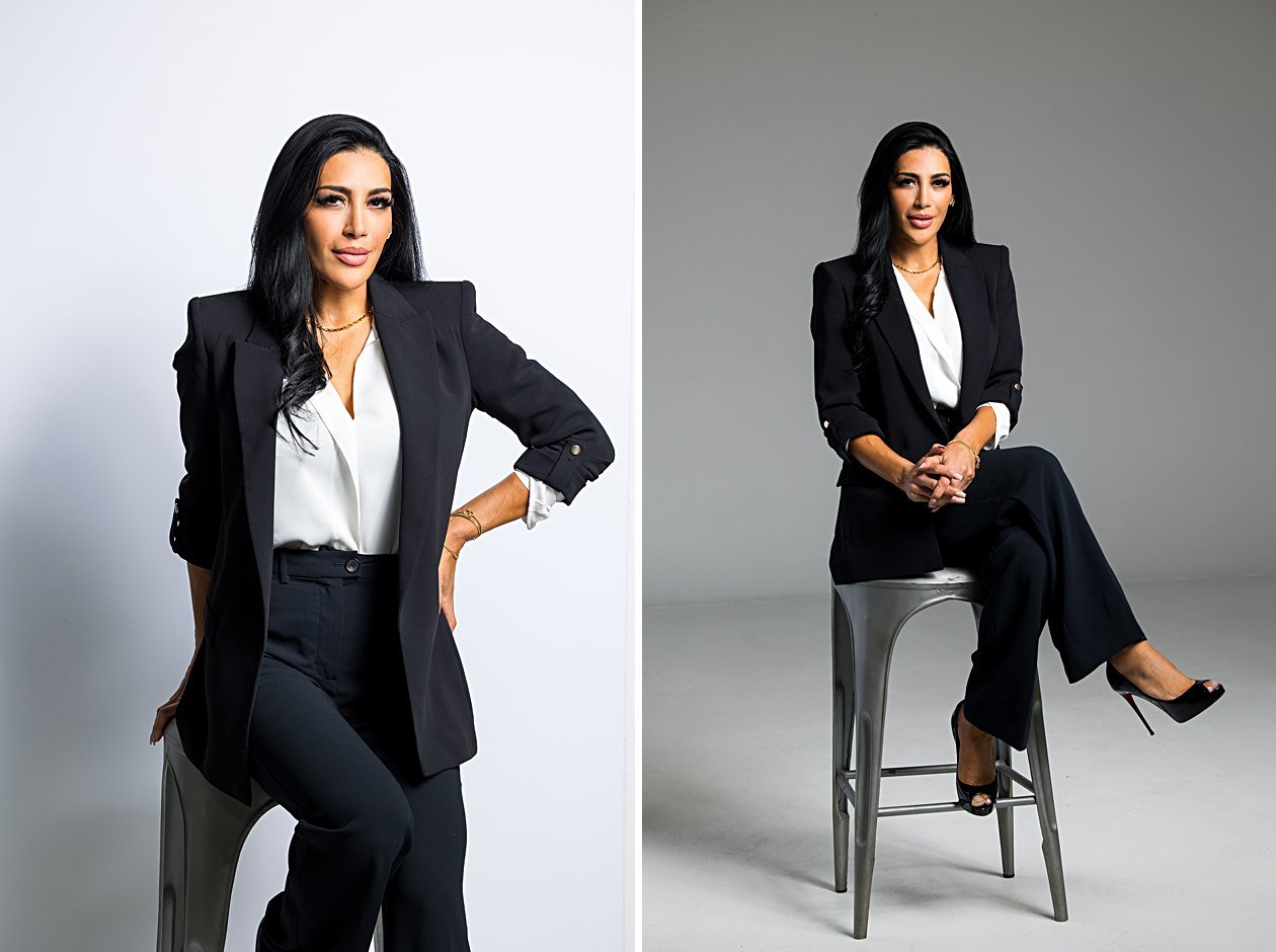 Same images of a woman wearing a tailored suit and heels