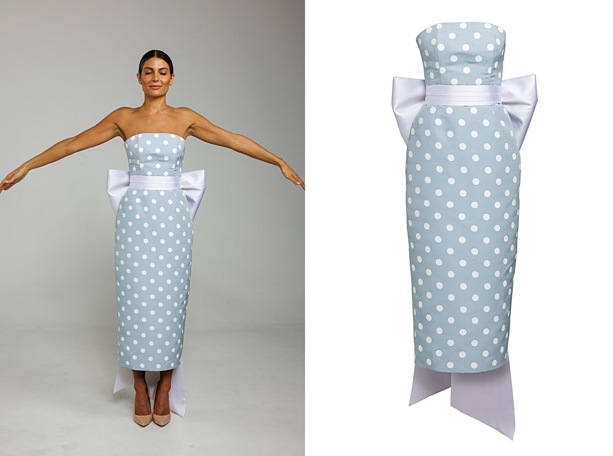 A polka dot dress displayed beside a woman wearing that same dress