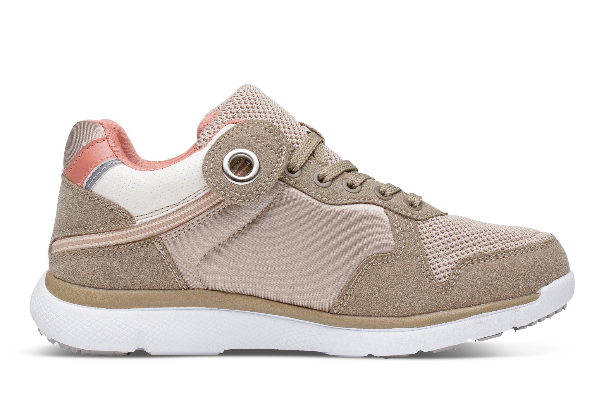 Women's sneaker featuring a light brown and pink fabric design