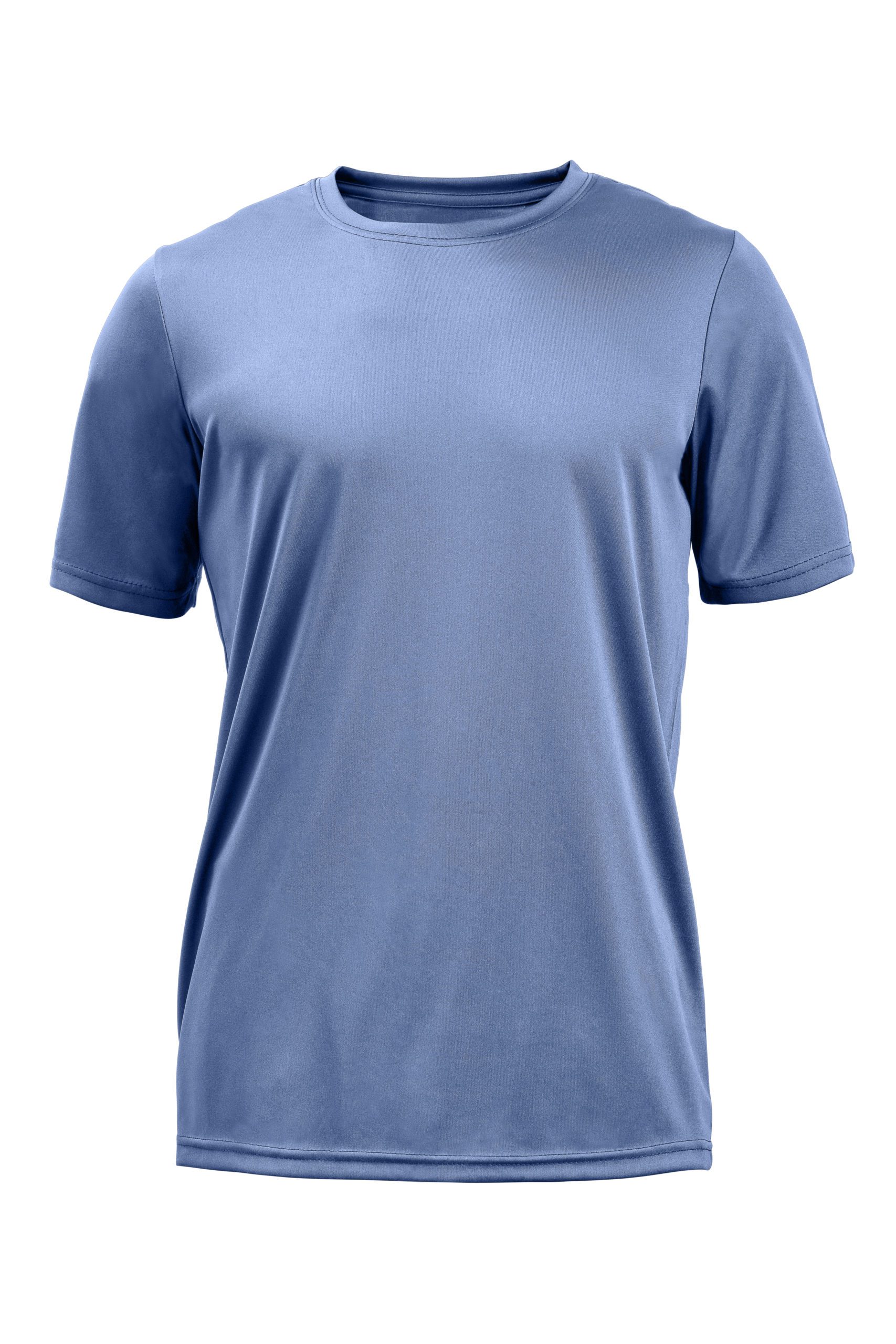 A men's blue t-shirt featuring short sleeves, designed for casual wear