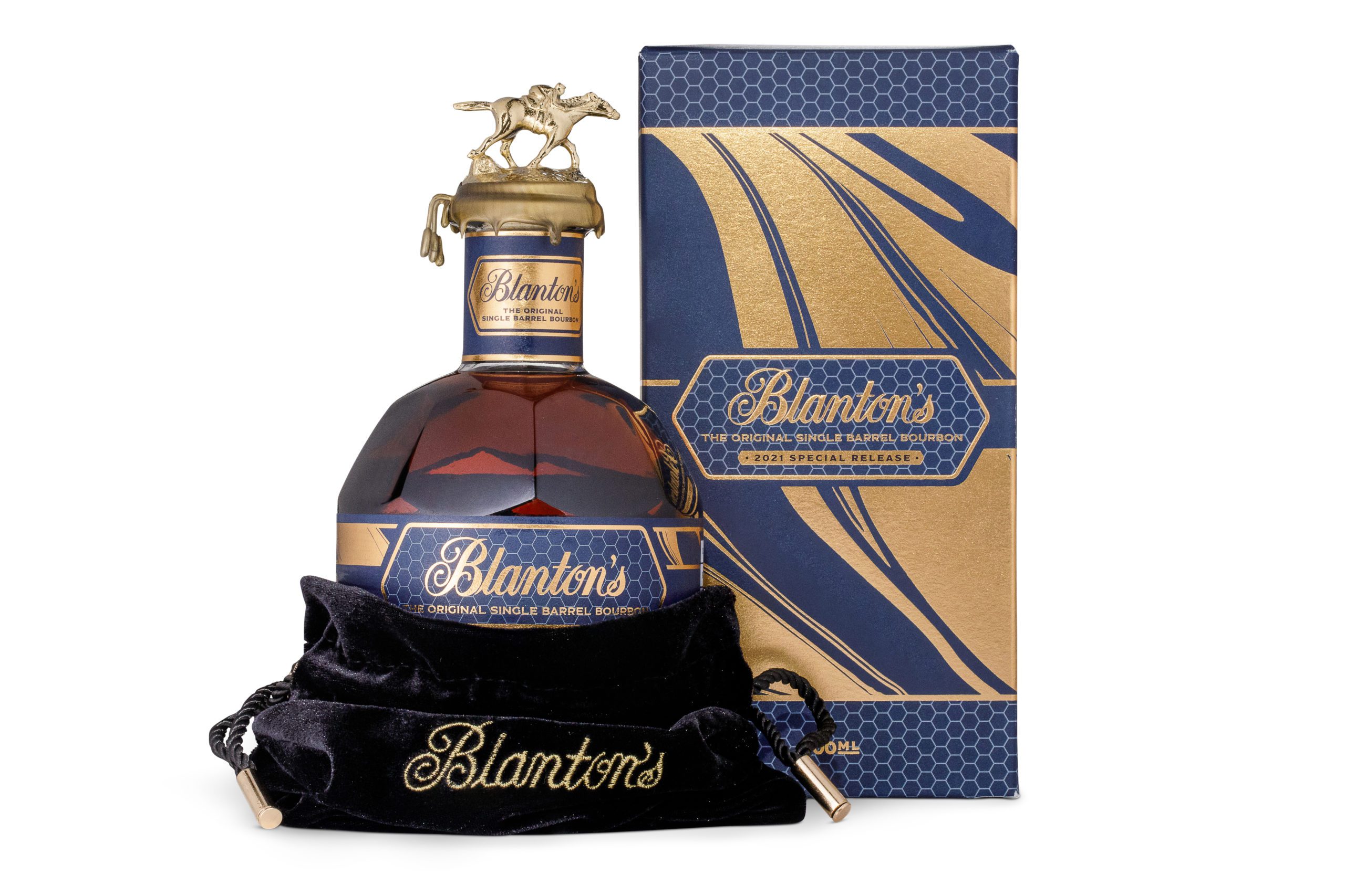 Blanton’s bourbon bottle with matching box and black velvet bag